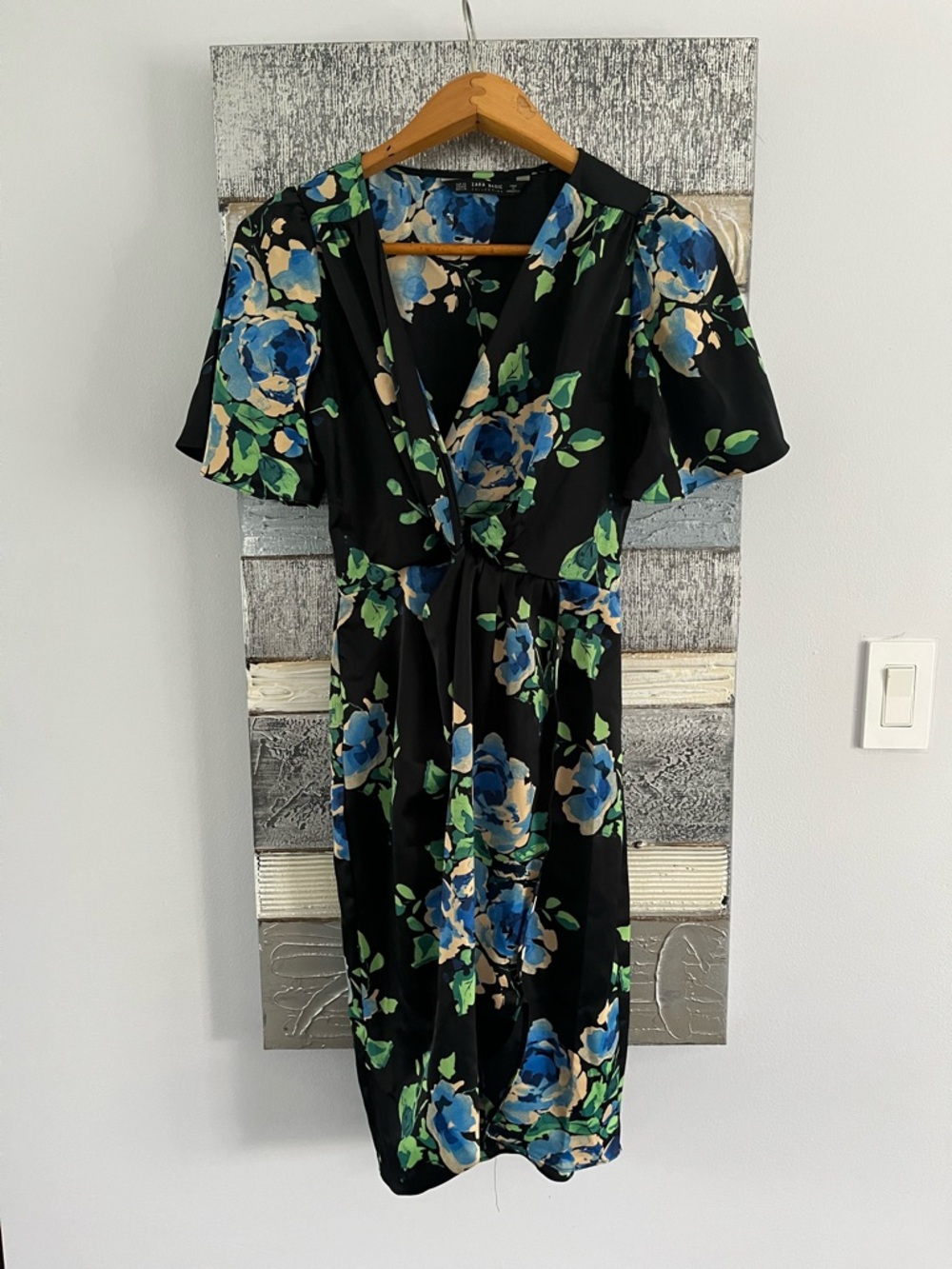 Zara Black Midi Dress with Blue & Green Floral Print